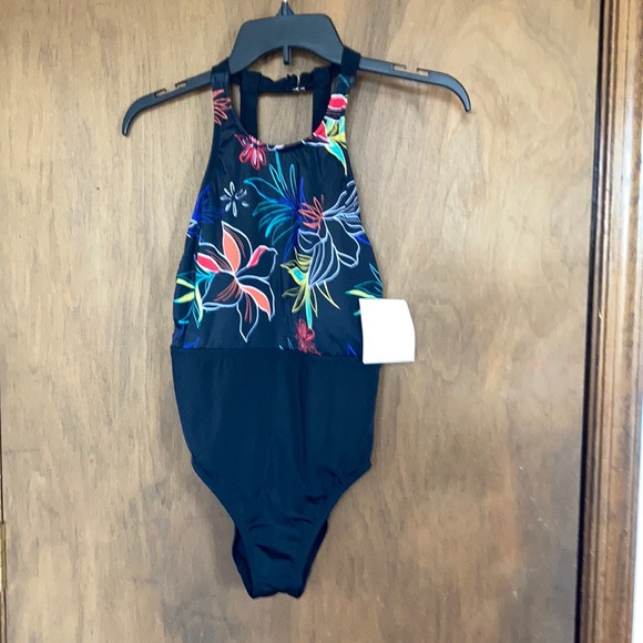 Relisted Ecobeach one piece high neck black w floral printed swimsuit S L XL - Picture 3 of 13